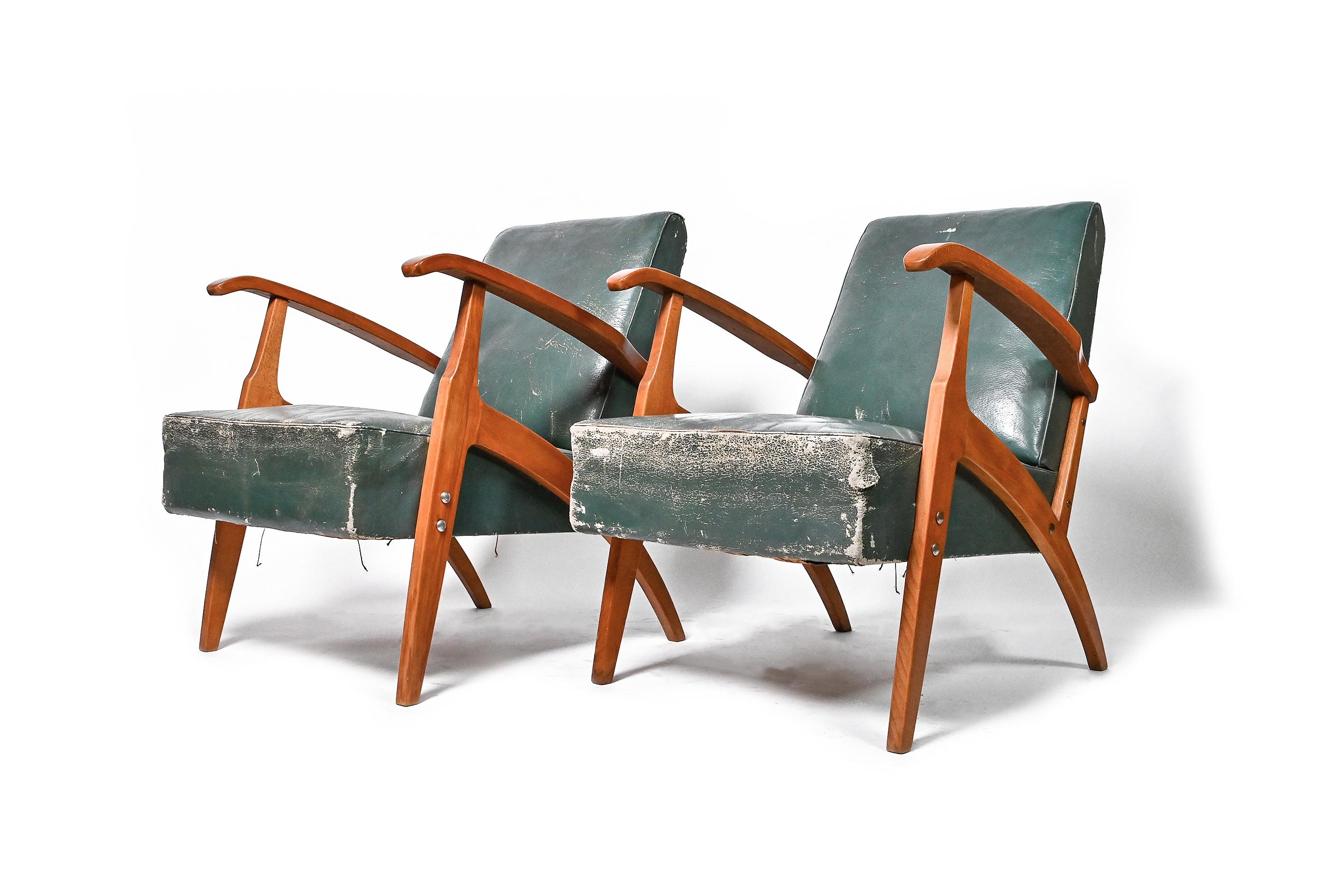 Hungarian Midcentury Green Leather Armchairs, Hungary, 1950s For Sale