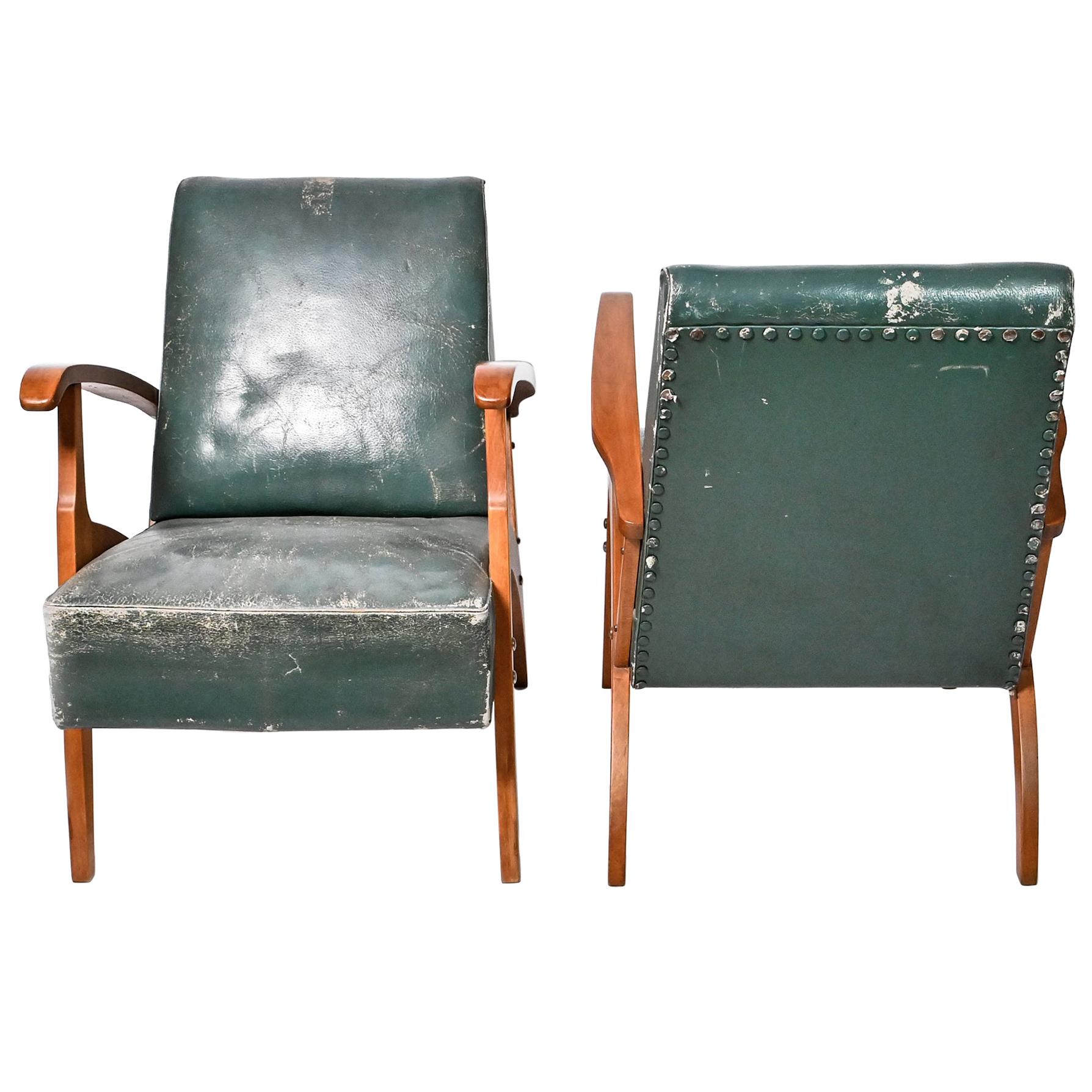 Midcentury Green Leather Armchairs, Hungary, 1950s