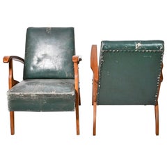 Midcentury Green Leather Armchairs, Hungary, 1950s