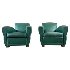 Mid Century Grün Leder Club Stühle