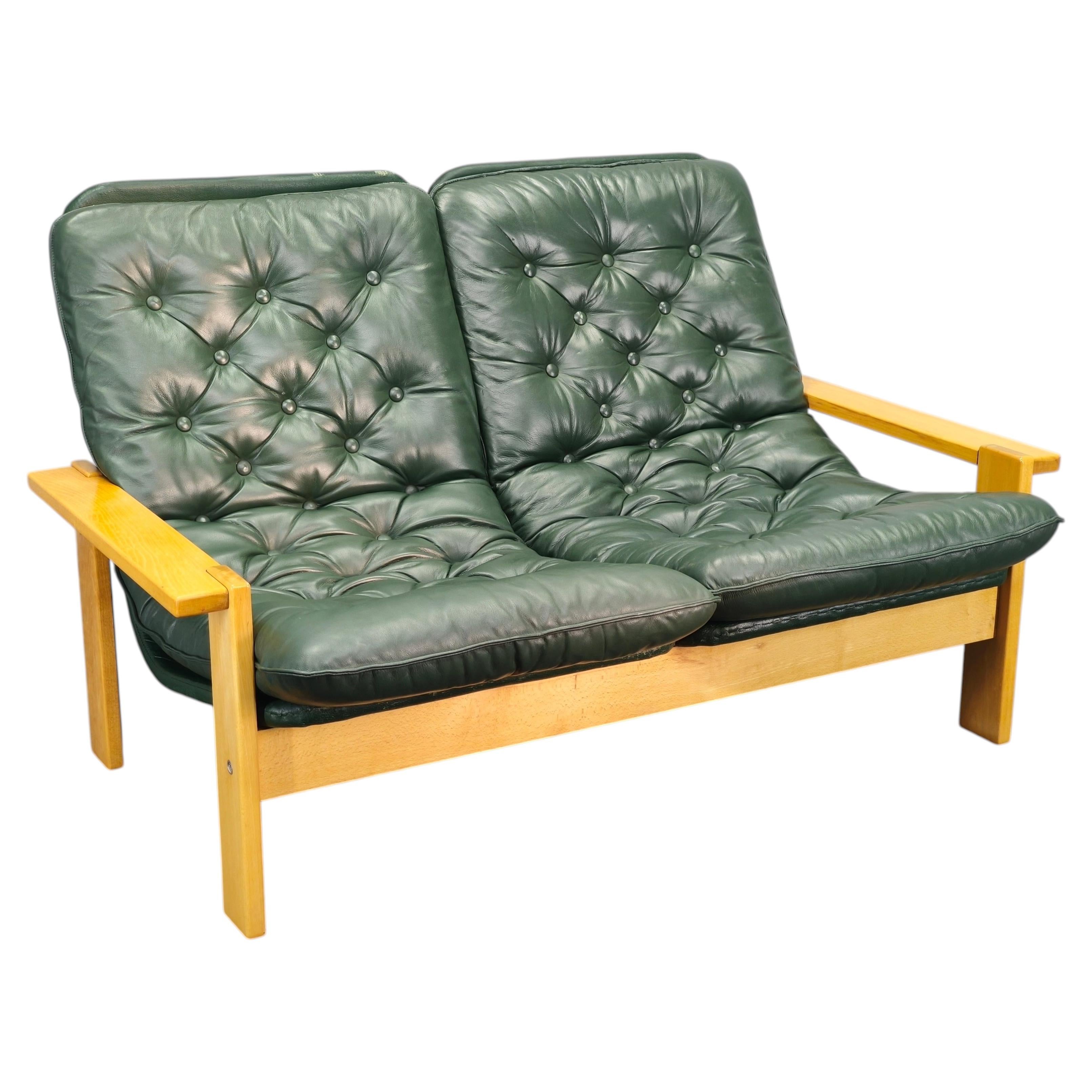 Mid-Century Green Leather Two-Seat Sofa, Czechoslovakia, 1970s For Sale