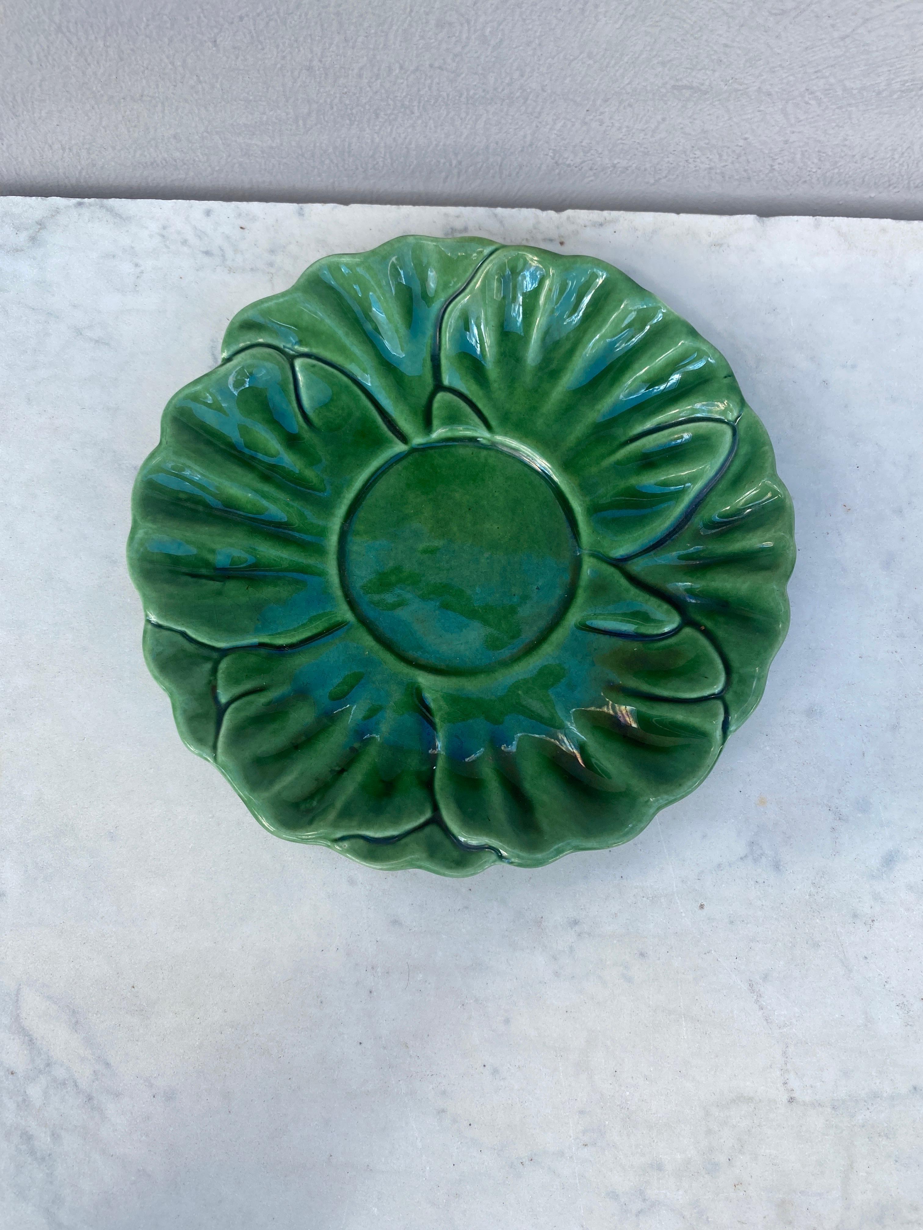 Rustic Mid-Century Green Majolica Leaf Plate For Sale