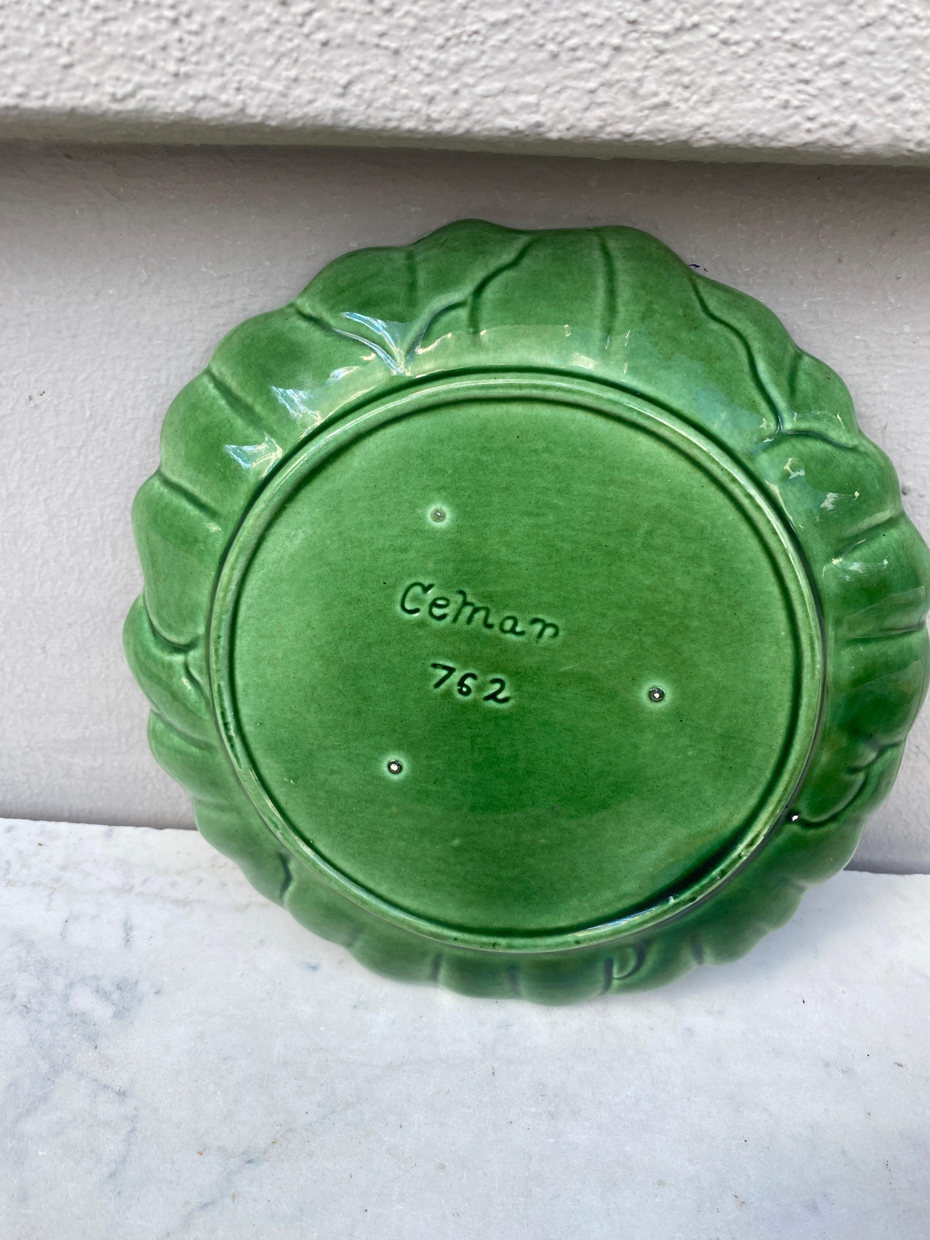 French Mid-Century Green Majolica Leaf Plate For Sale
