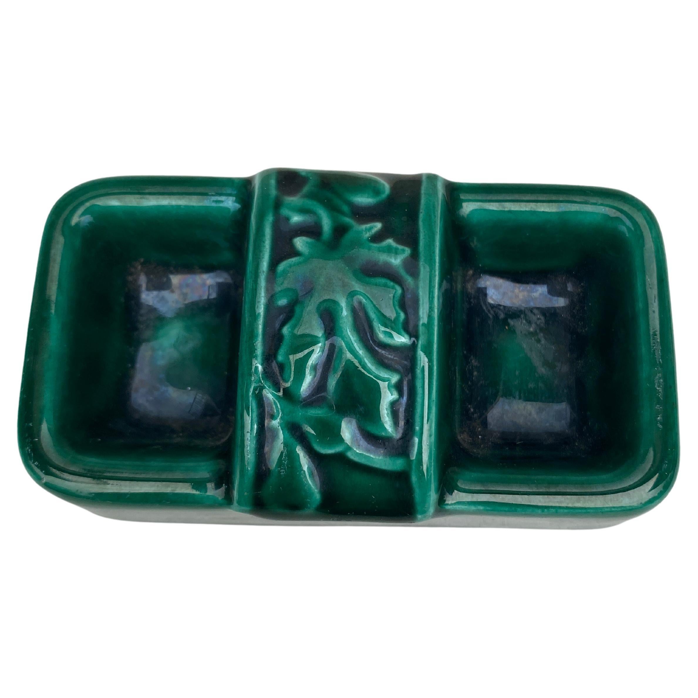Mid-Century Green Majolica Salt Cellar with leaves Vallauris.