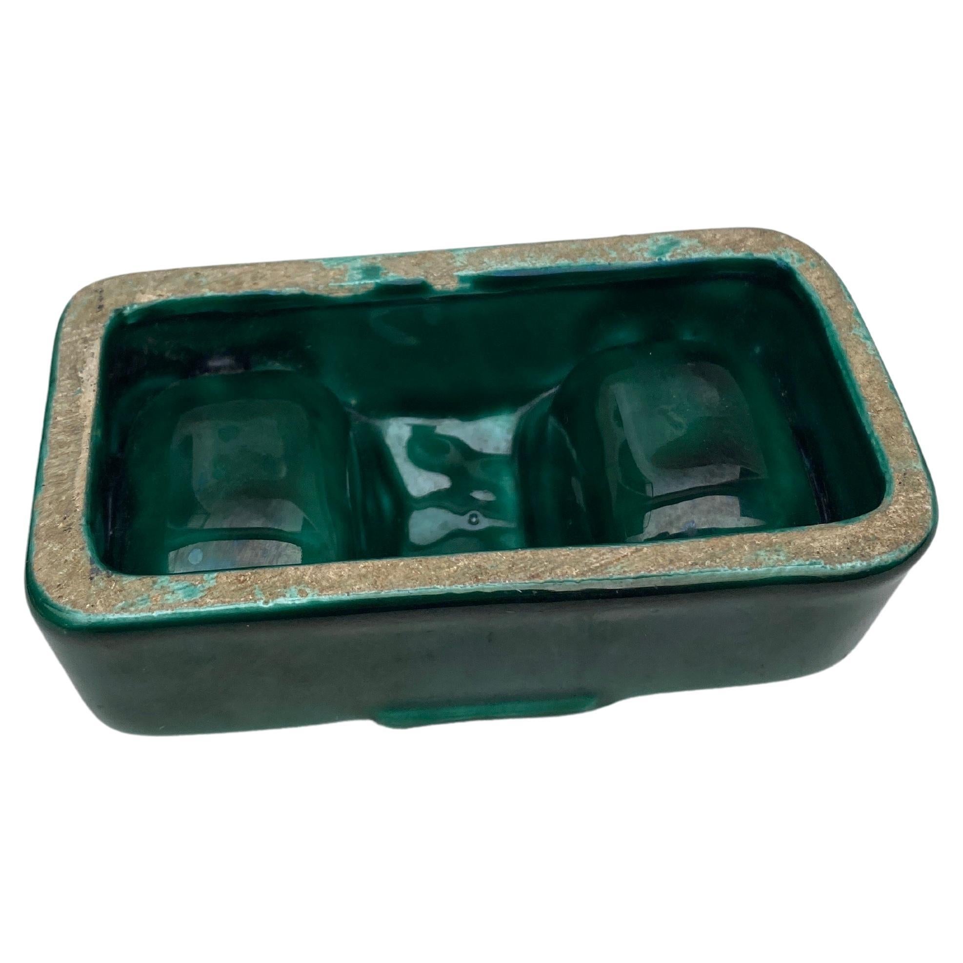 French Mid-Century Green Majolica Salt Cellar Vallauris For Sale
