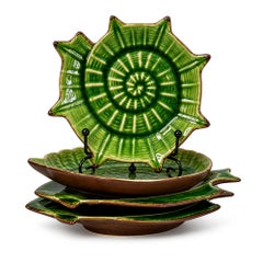 Mid-Century Green Majolica Seashell Plates, Set of Four, Italy, 1960