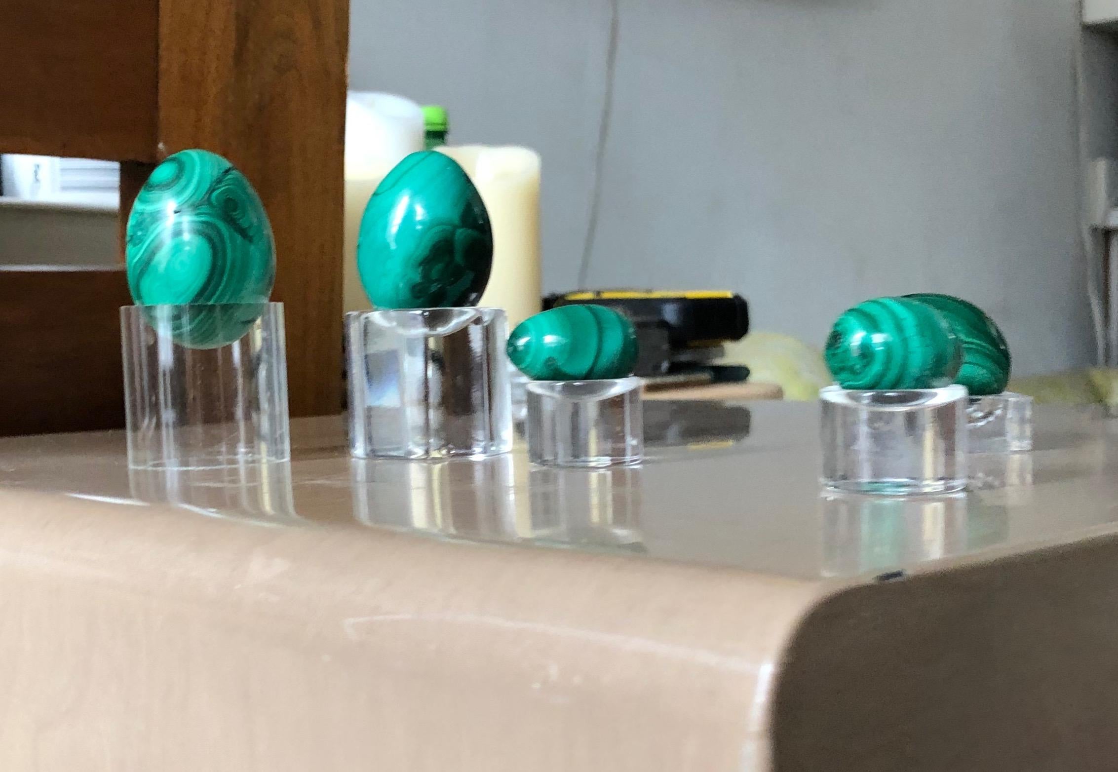 Mid-Century Modern Midcentury Green Malachite Burnished Egg Set of Five, Stone Sculpture Set For Sale