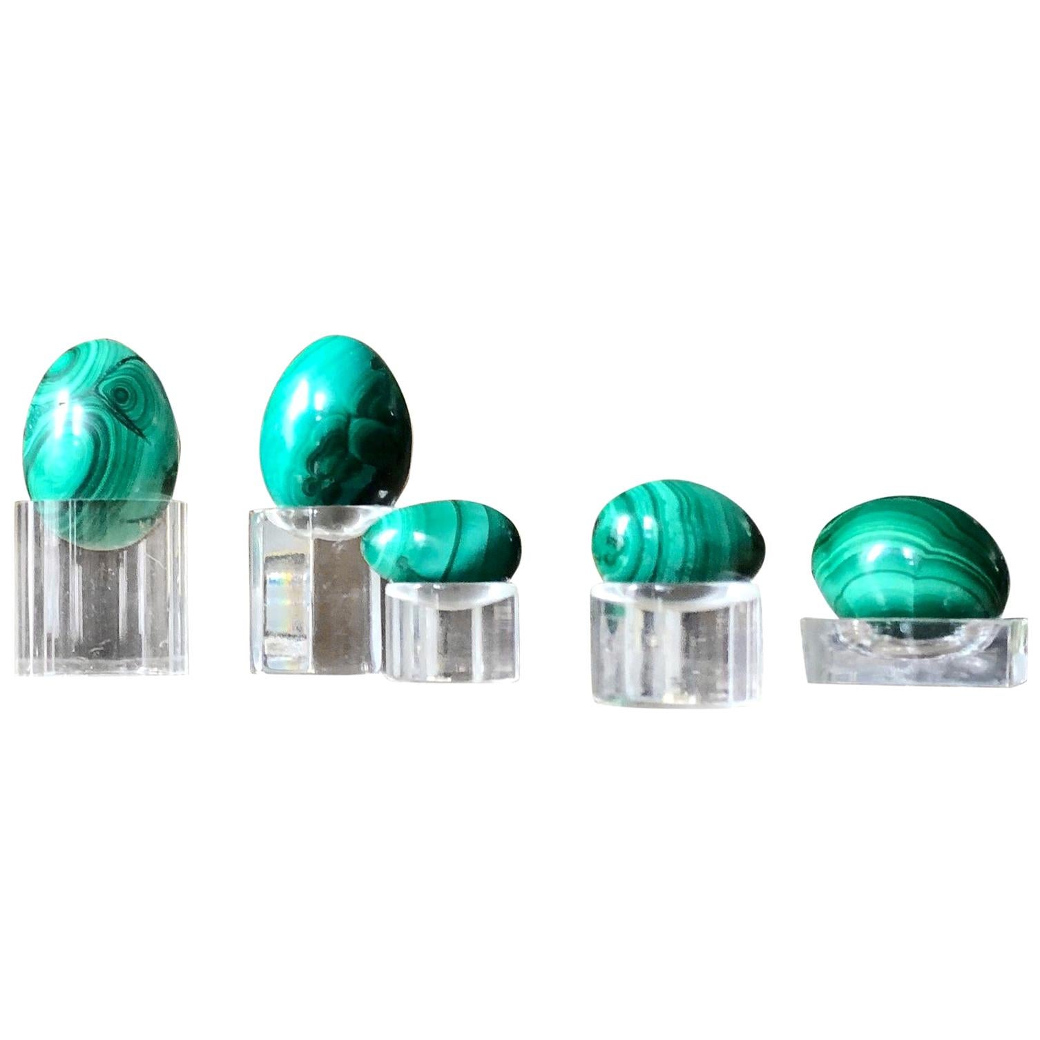 Midcentury Green Malachite Burnished Egg Set of Five, Stone Sculpture Set