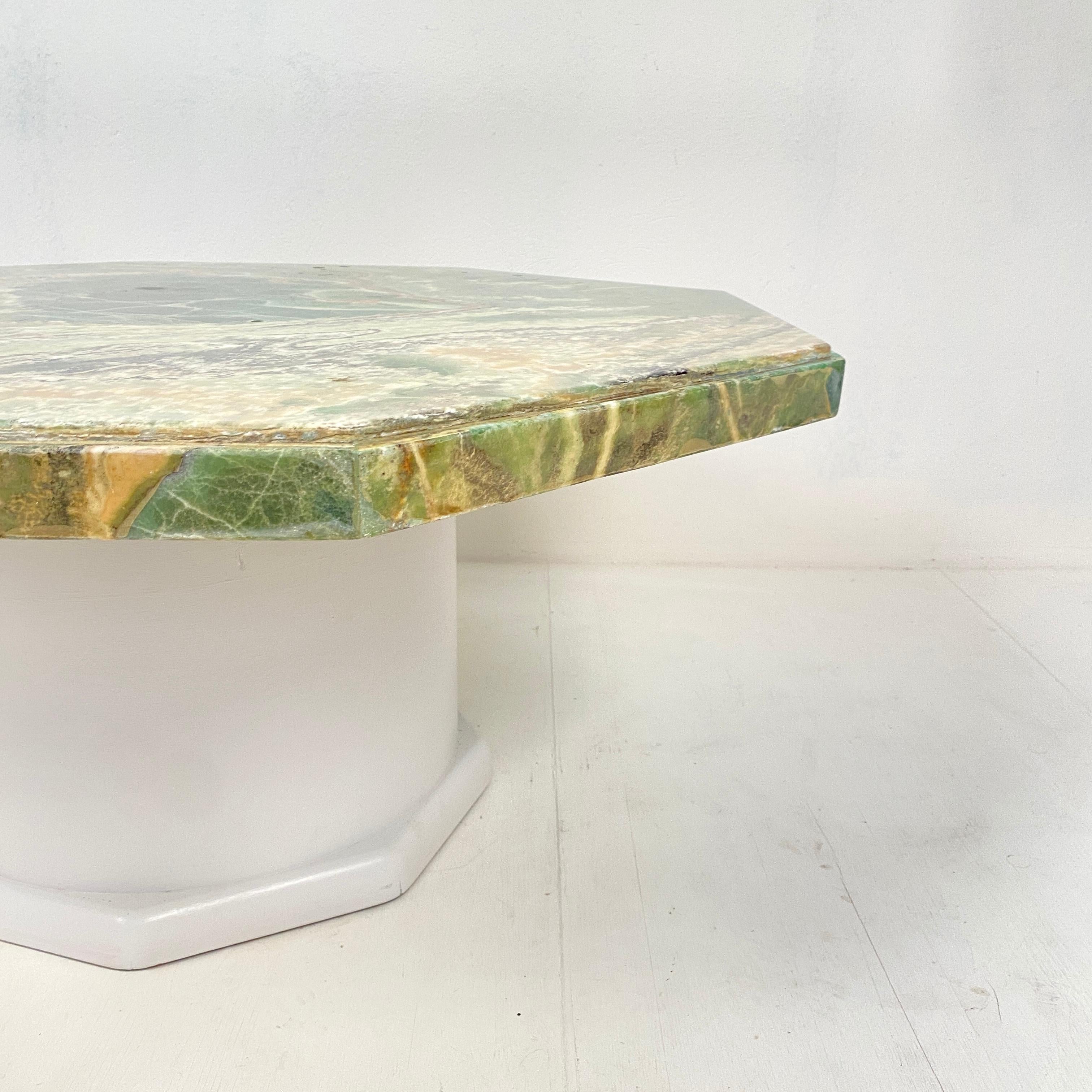 German Mid-Century Green Octagon Onyx Coffee Table with Round Off-White Wood Base, 1970 For Sale