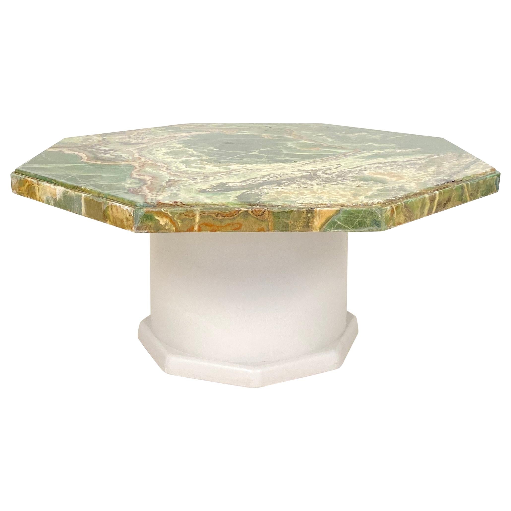 Mid-Century Green Octagon Onyx Coffee Table with Round Off-White Wood Base, 1970