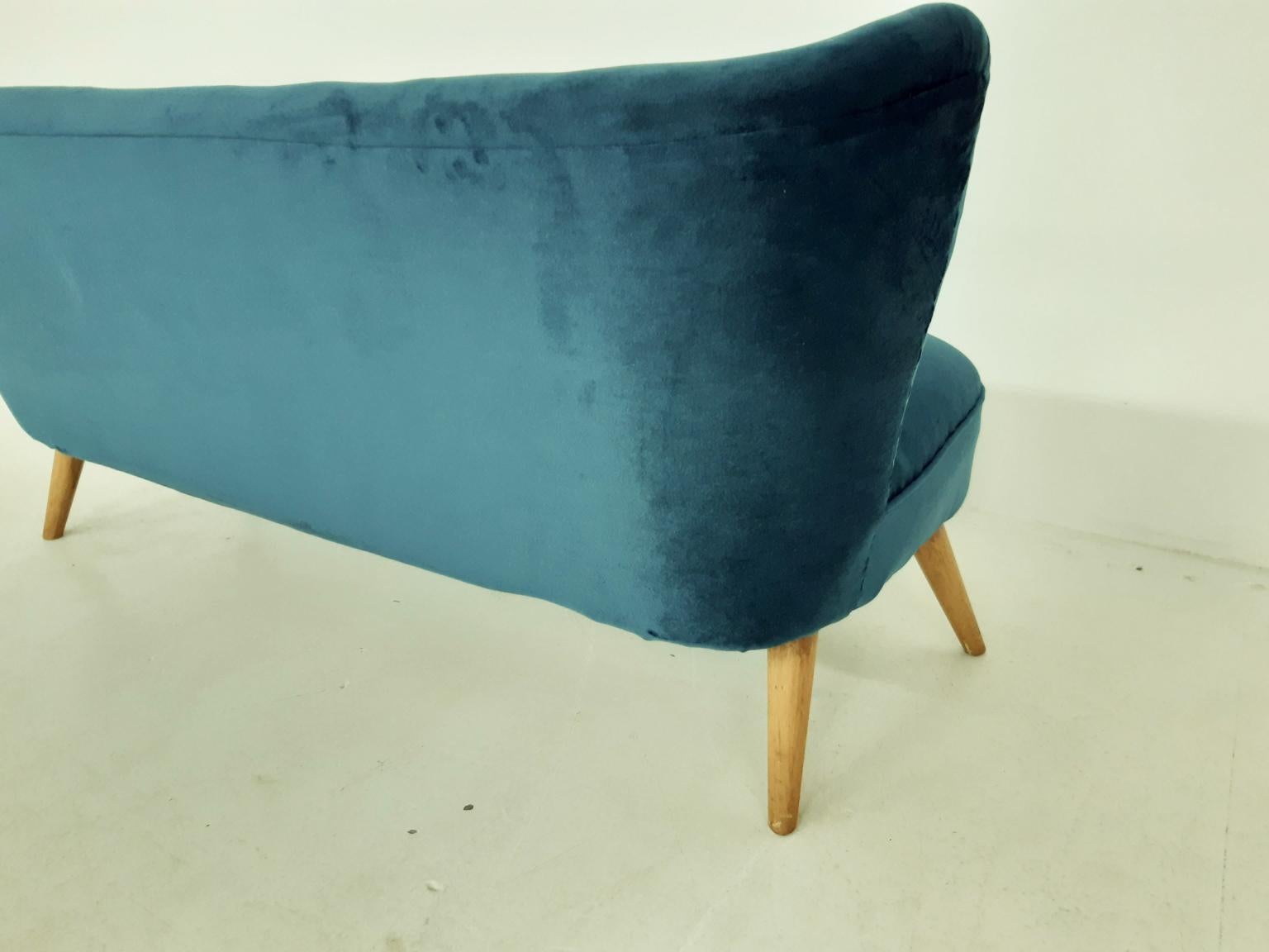 Dutch Midcentury Green Petrol Velvet Cocktail Sofa, 1960s