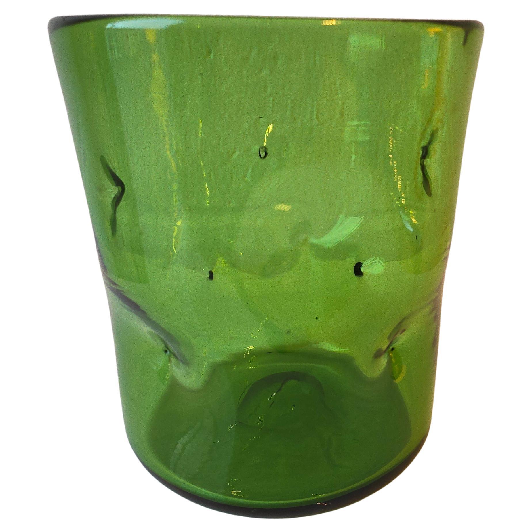 Mid Century Green Pinched Blown Art Glass Vase