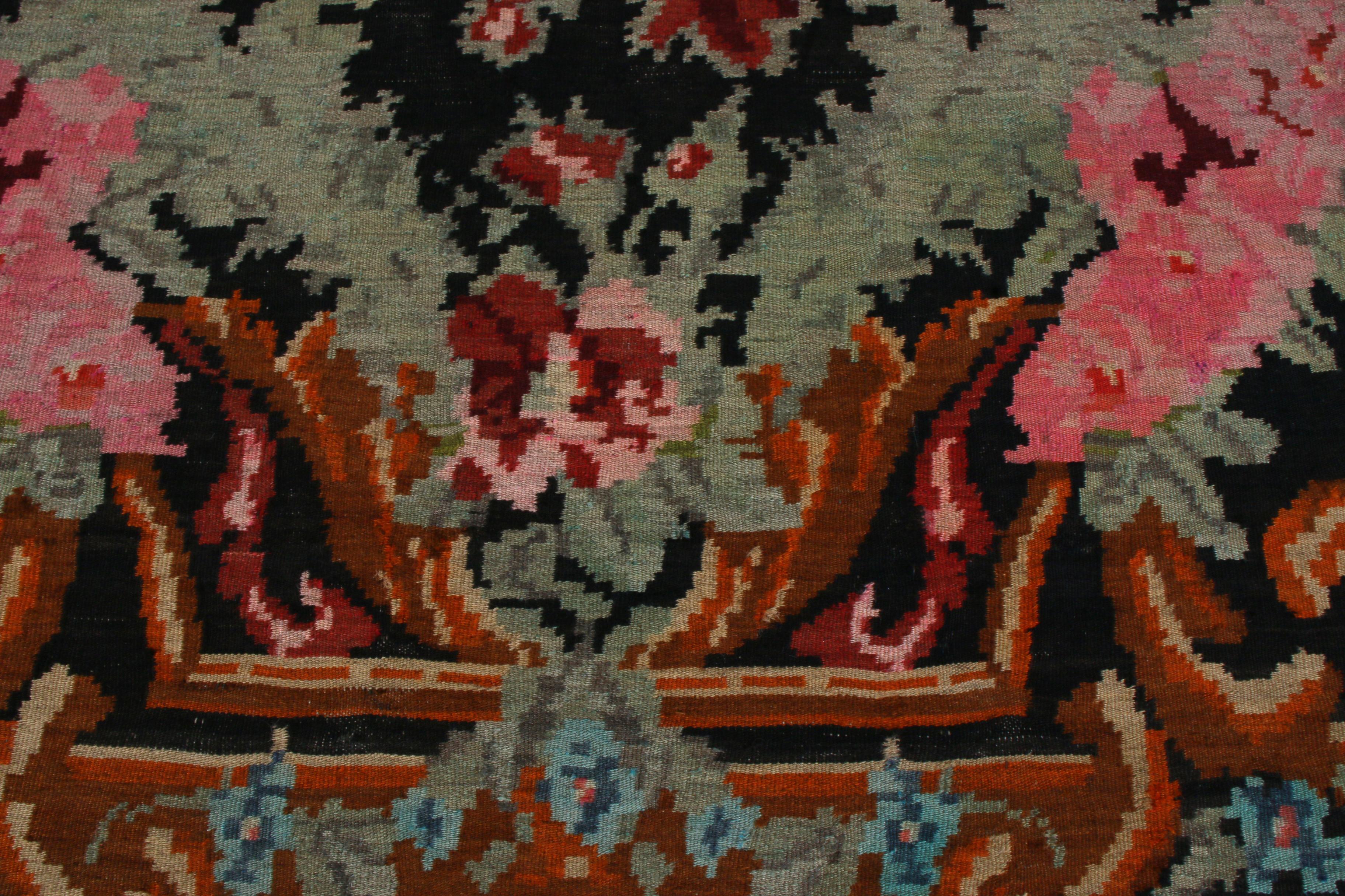 Mid-20th Century Midcentury Green Floral Flat-Weave Vintage Bessarabian Kilim Rug by Rug & Kilim For Sale