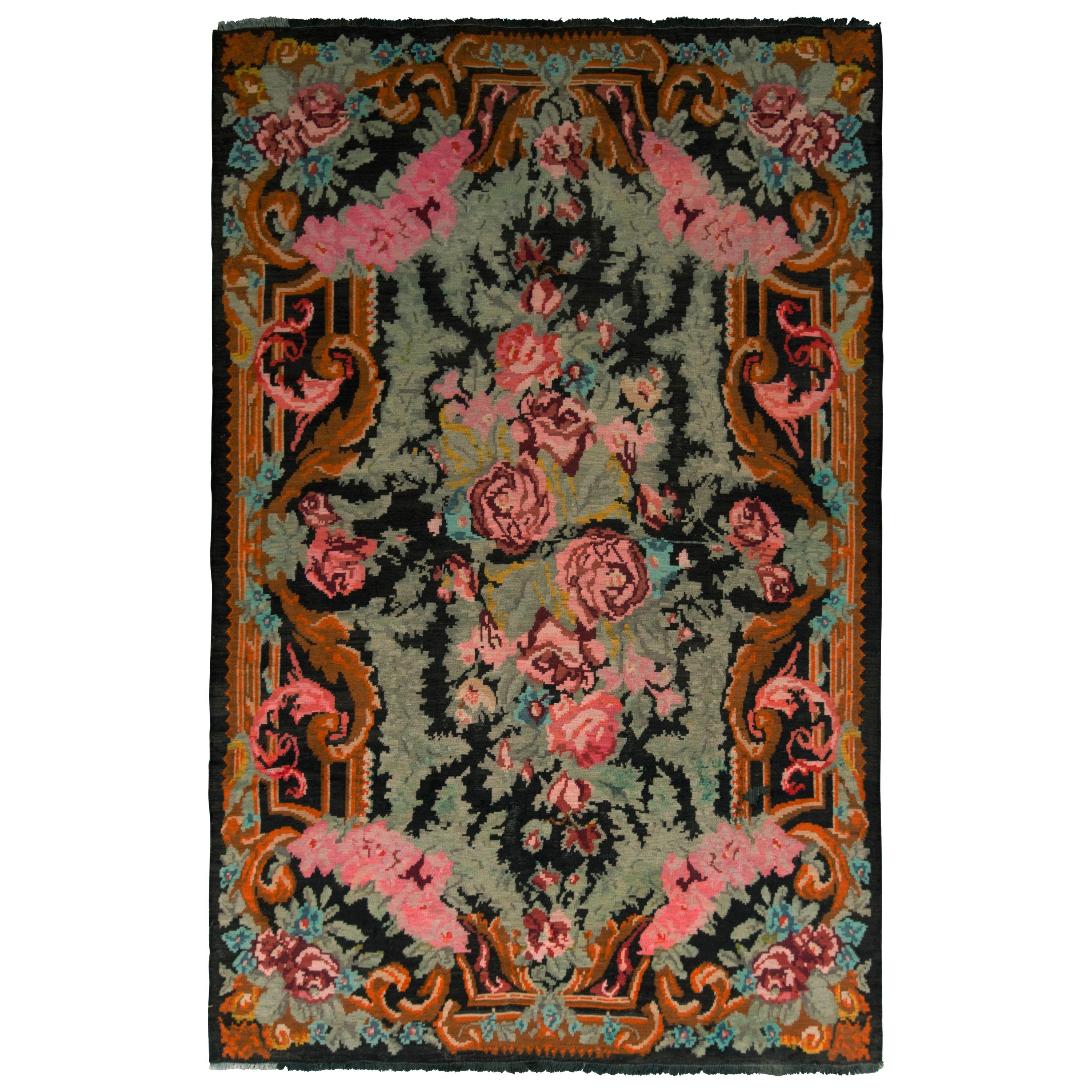 Midcentury Green Floral Flat-Weave Vintage Bessarabian Kilim Rug by Rug & Kilim For Sale