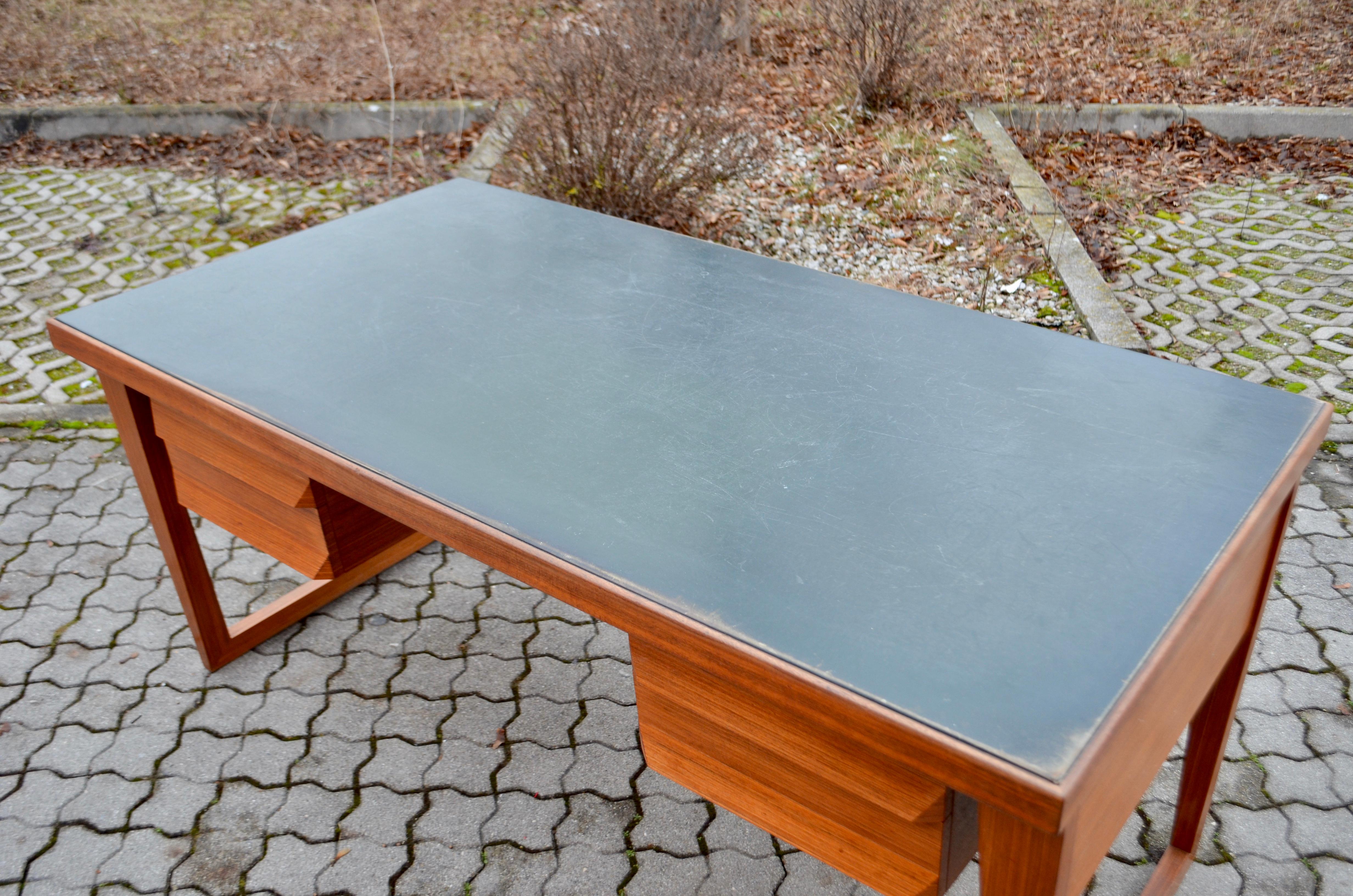 Mid Century Green Saddle Leather Teak Executive Writing Desk For Sale 13