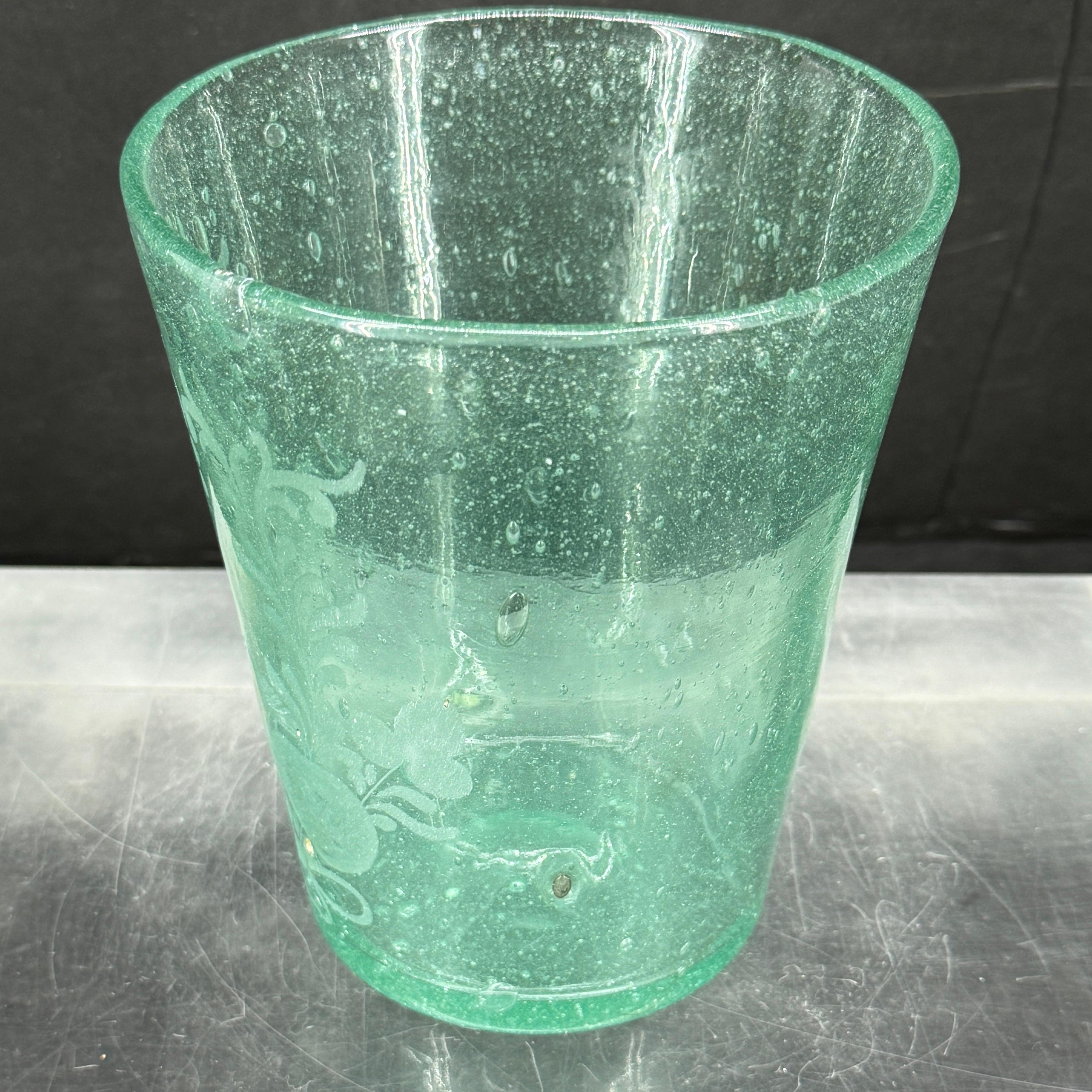 Messicano Vaso in vetro acidato con semi verdi di metà secolo con uccelli e frutta in vendita