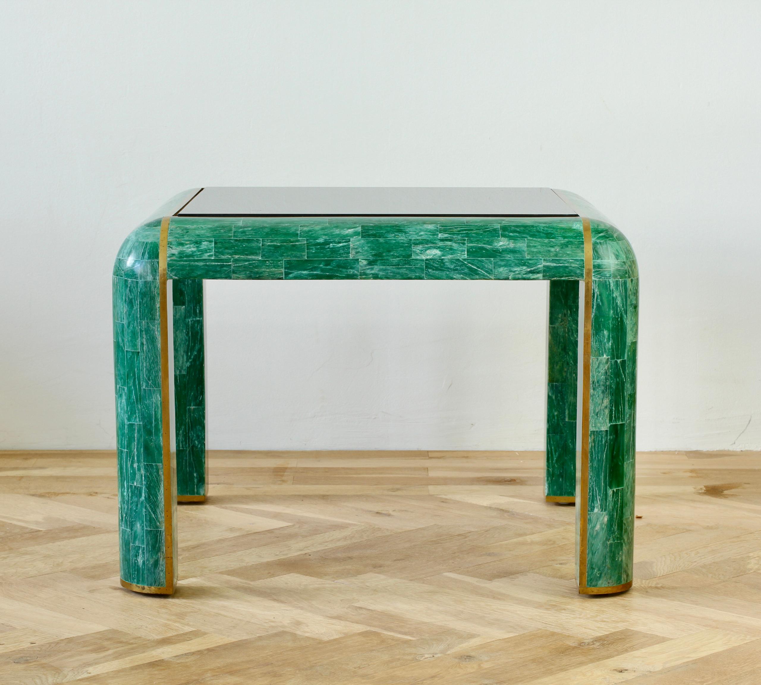 Stunning green tessellated stone and polished brass side, end or game table by Casa Bique, circa 1970s. The designer is unknown but these tables are often attributed to Maitland Smith and they certainly did produce similar items of such quality as