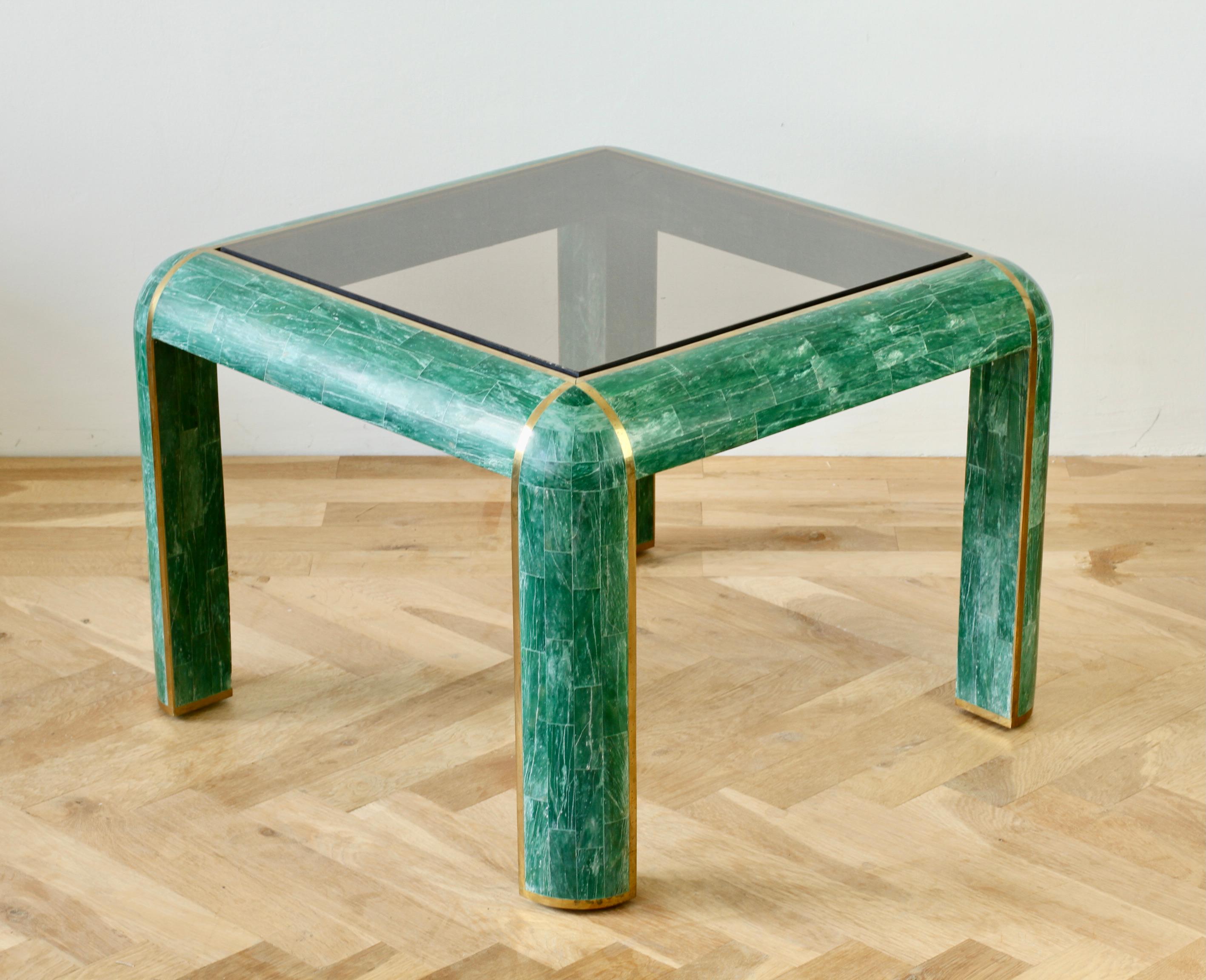 Glass Mid-Century Green Tessellated Stone and Brass Side Table by Casa Bique, c. 1970s