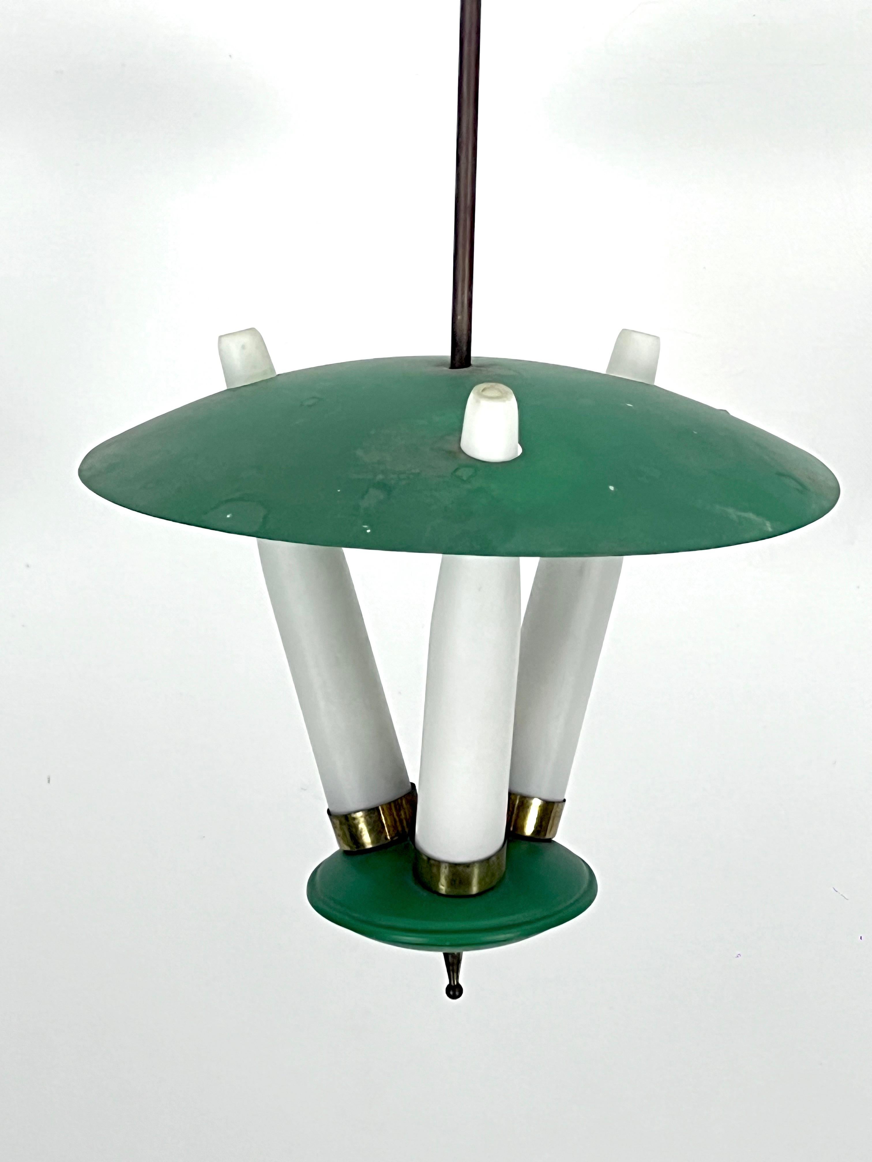 Mid-Century Modern Mid-Century green three opaline glasses lantern. Italy 1950s For Sale