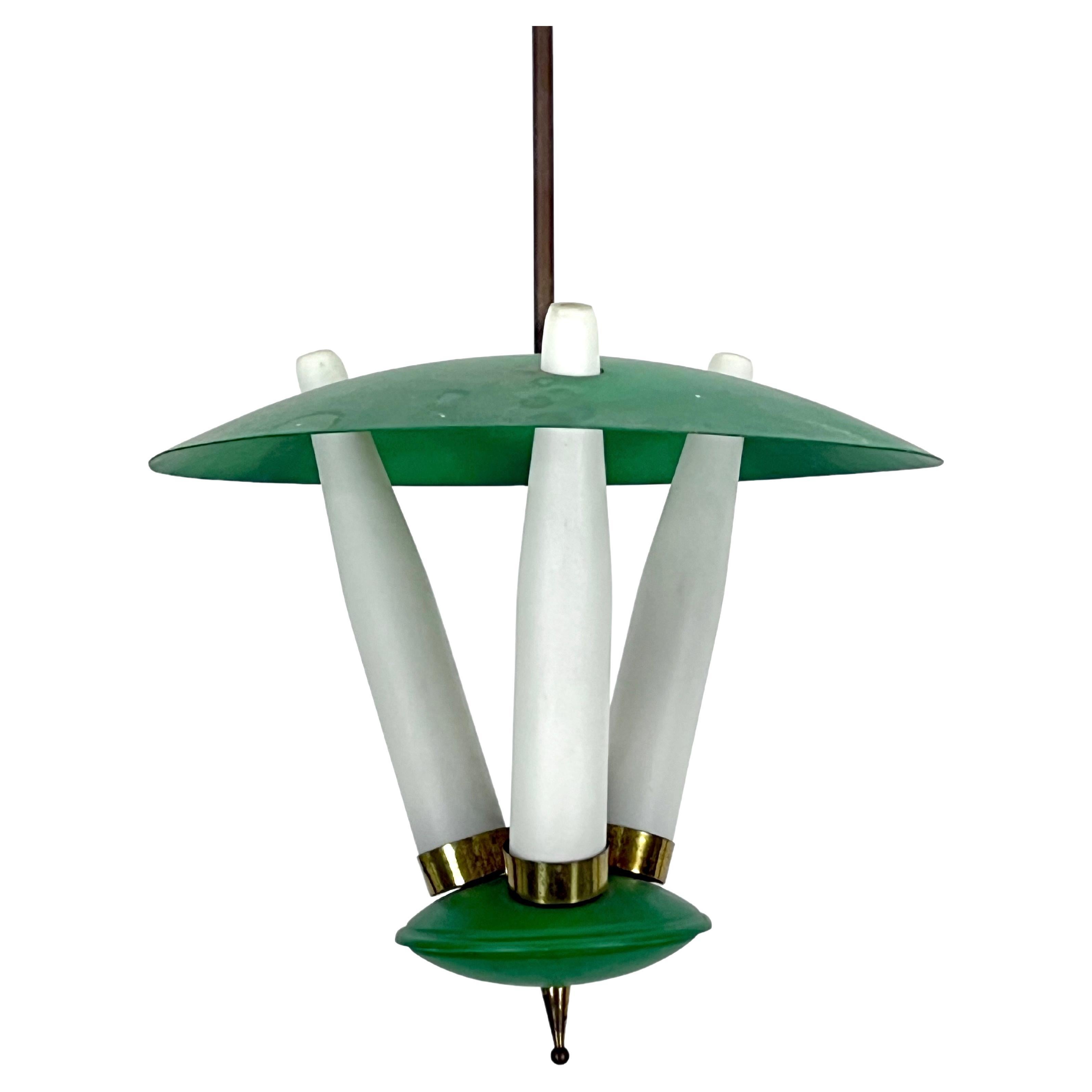 Mid-Century green three opaline glasses lantern. Italy 1950s For Sale