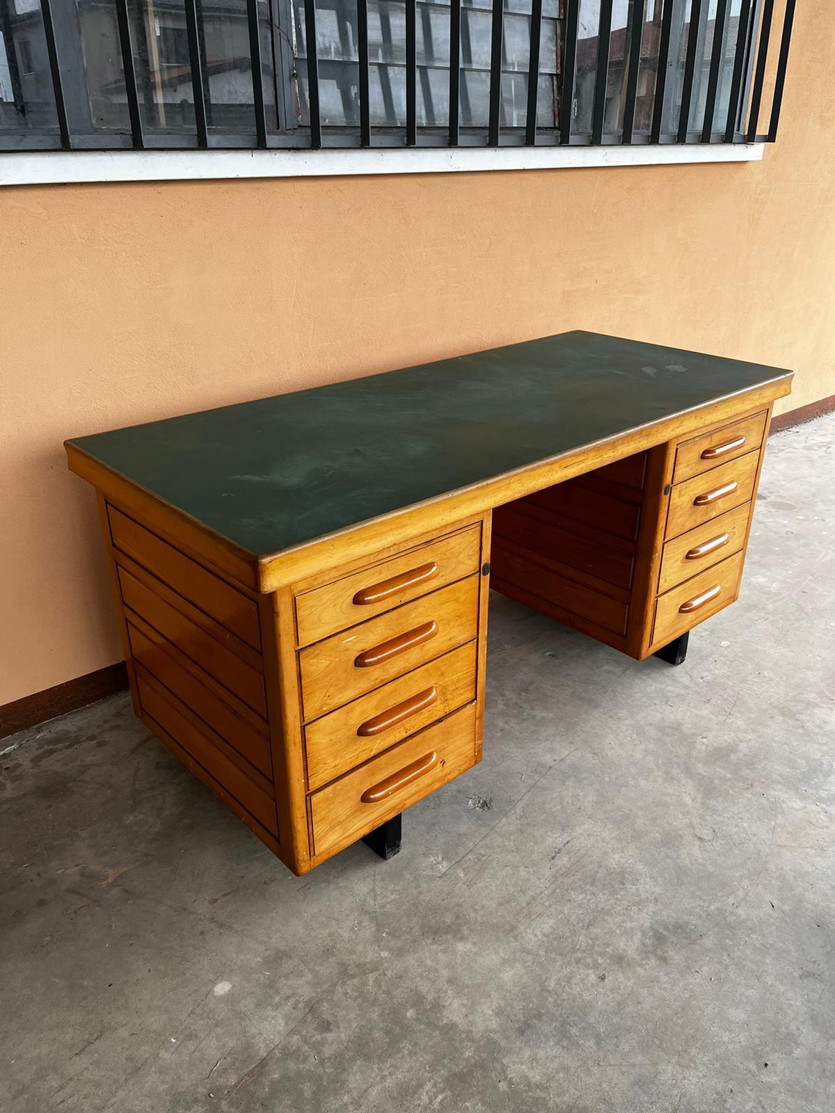 Mid-Century Modern Mid Century Green Top and Eight Drawers Wooden Desk by Anonima Castelli