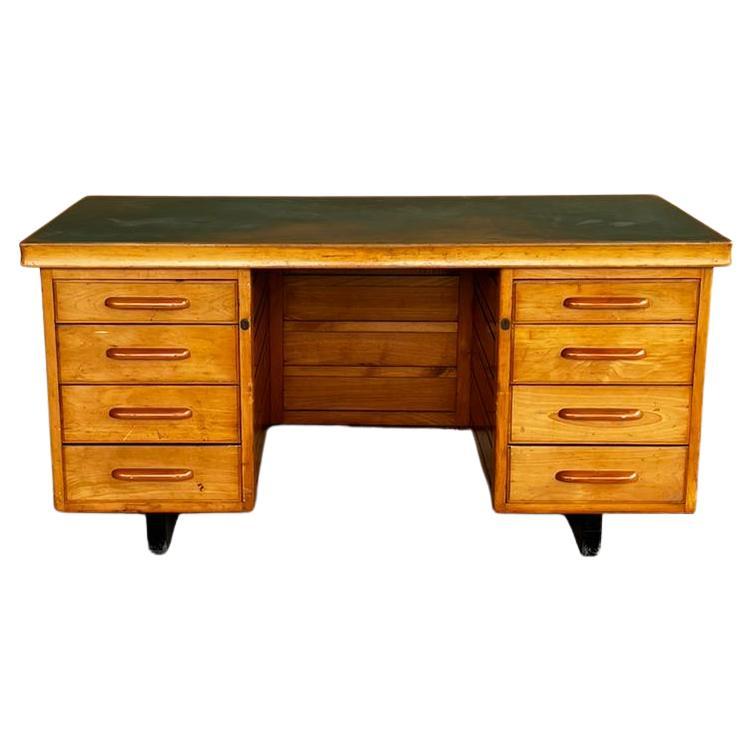 Mid Century Green Top and Eight Drawers Wooden Desk by Anonima Castelli