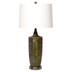 Mid-Century Green & Umber Ceramic Lava Glaze Table Lamp w/ Antiqued Fittings