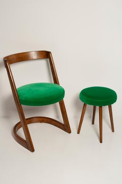 Midcentury Green Velvet Halfa Chair and Stool, Baumann, France, 1970s