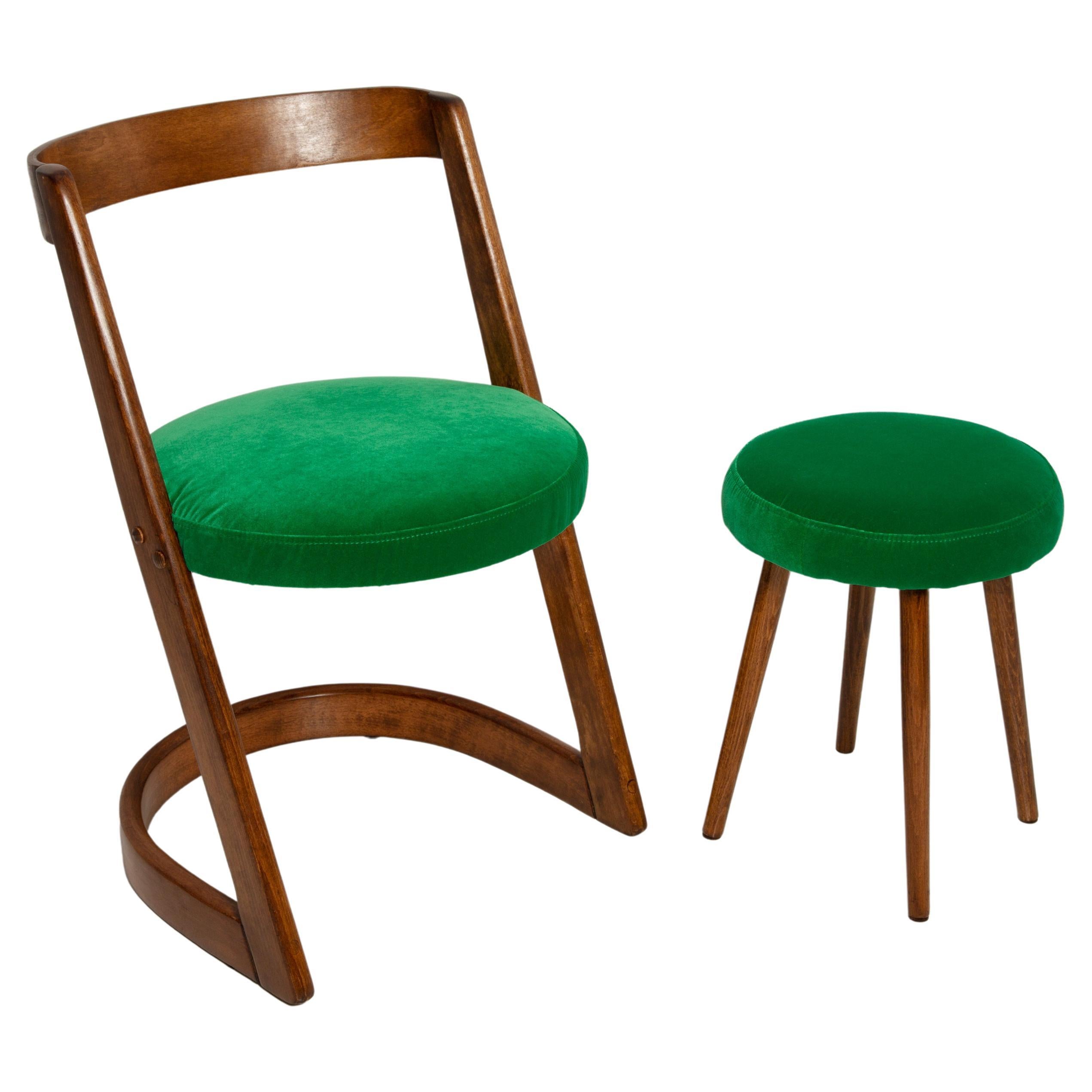 Midcentury Green Velvet Halfa Chair and Stool, Baumann, France, 1970s For Sale