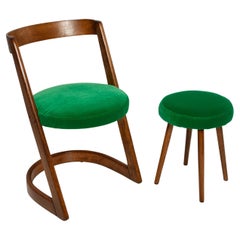 Vintage Midcentury Green Velvet Halfa Chair and Stool, Baumann, France, 1970s