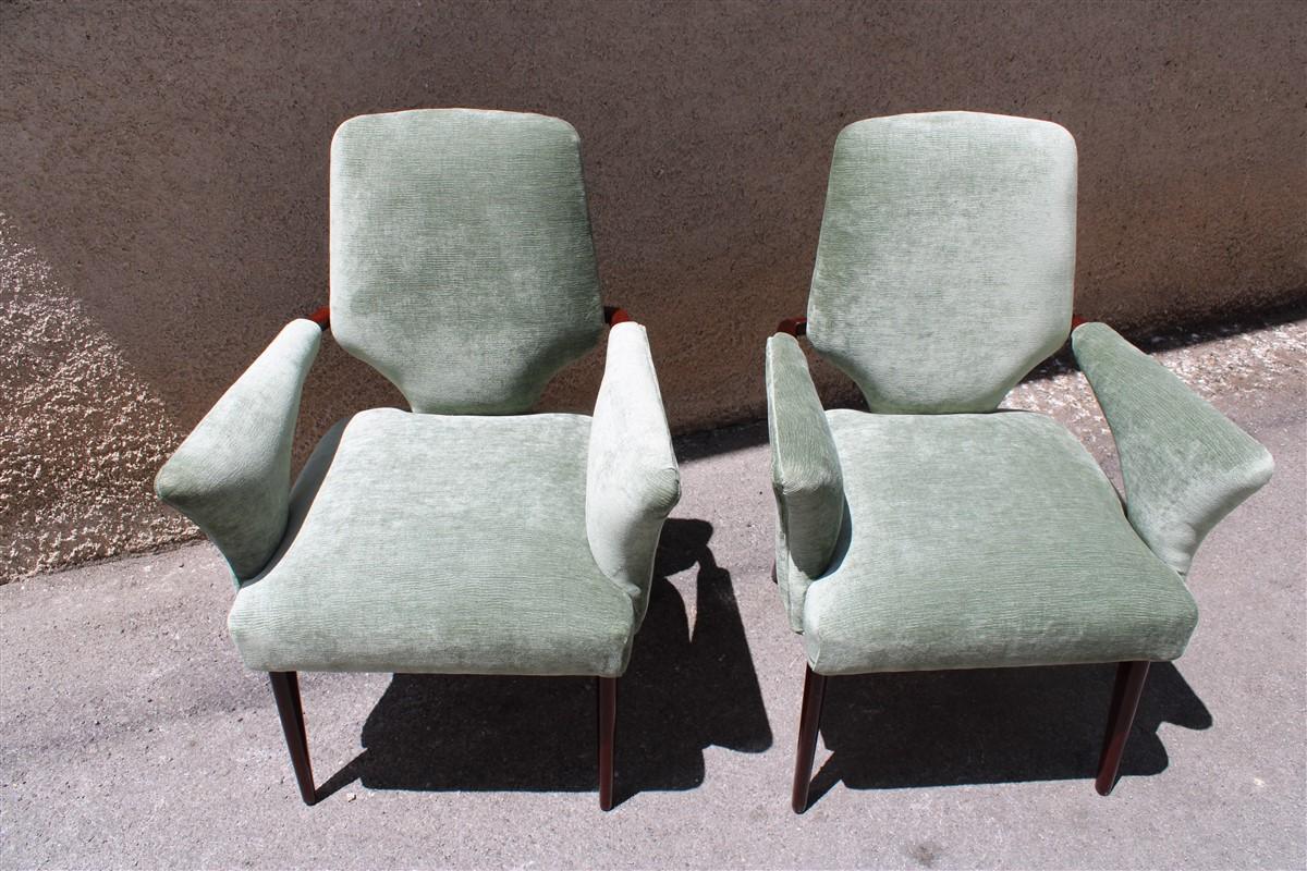 Mid-Century Green Velvet Mahogany Chairs Melchiorre Bega Design 1950s Minimal 4