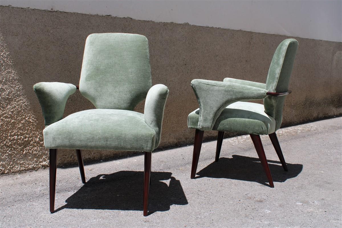 Italian Mid-Century Green Velvet Mahogany Chairs Melchiorre Bega Design 1950s Minimal