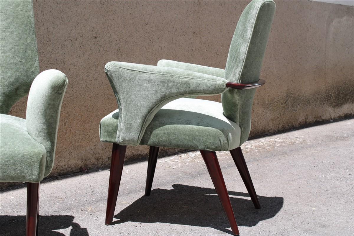 Mid-Century Green Velvet Mahogany Chairs Melchiorre Bega Design 1950s Minimal In Good Condition In Palermo, Sicily