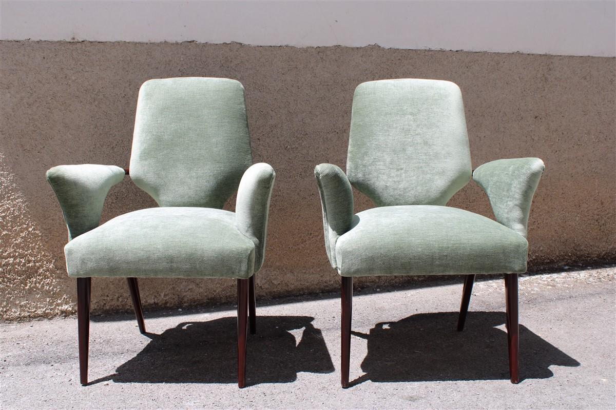 Mid-Century Green Velvet Mahogany Chairs Melchiorre Bega Design 1950s Minimal 3