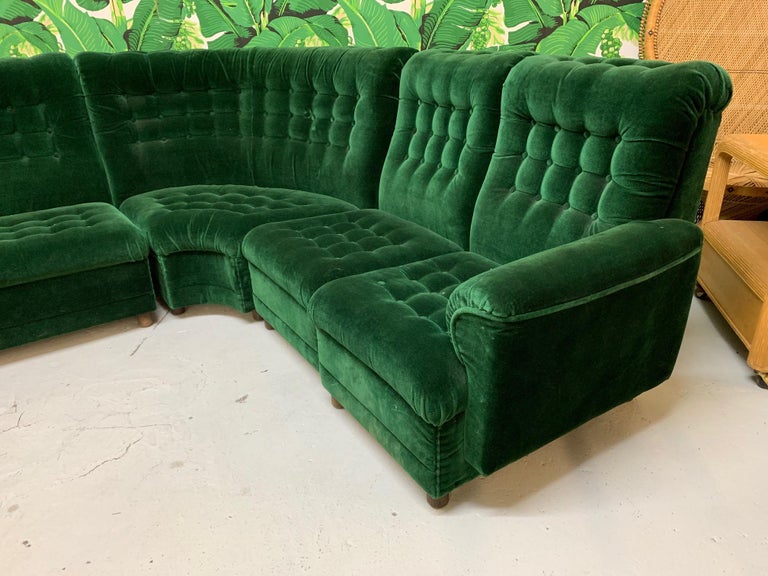 Midcentury Green Velvet Tufted Sectional Sofa For Sale at