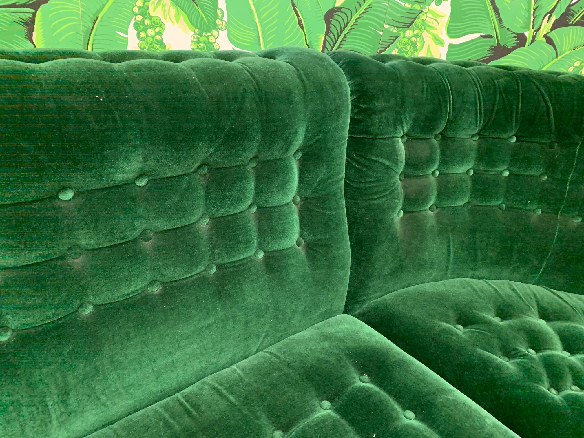 Hollywood Regency Midcentury Green Velvet Tufted Sectional Sofa