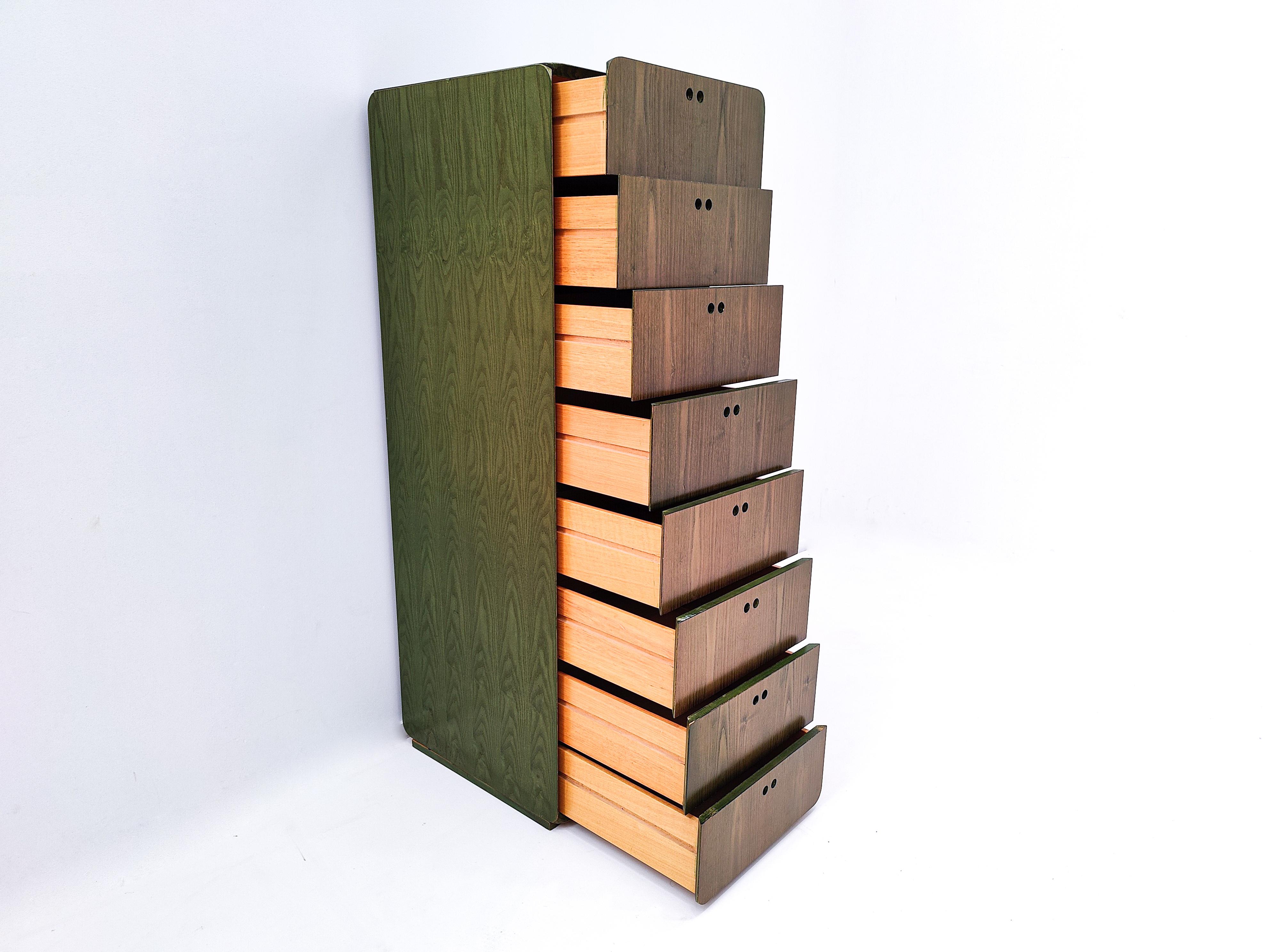 Mid-century green wooden high chest of drawer by Derk Jan de Vries - The Netherlands 1960s.
