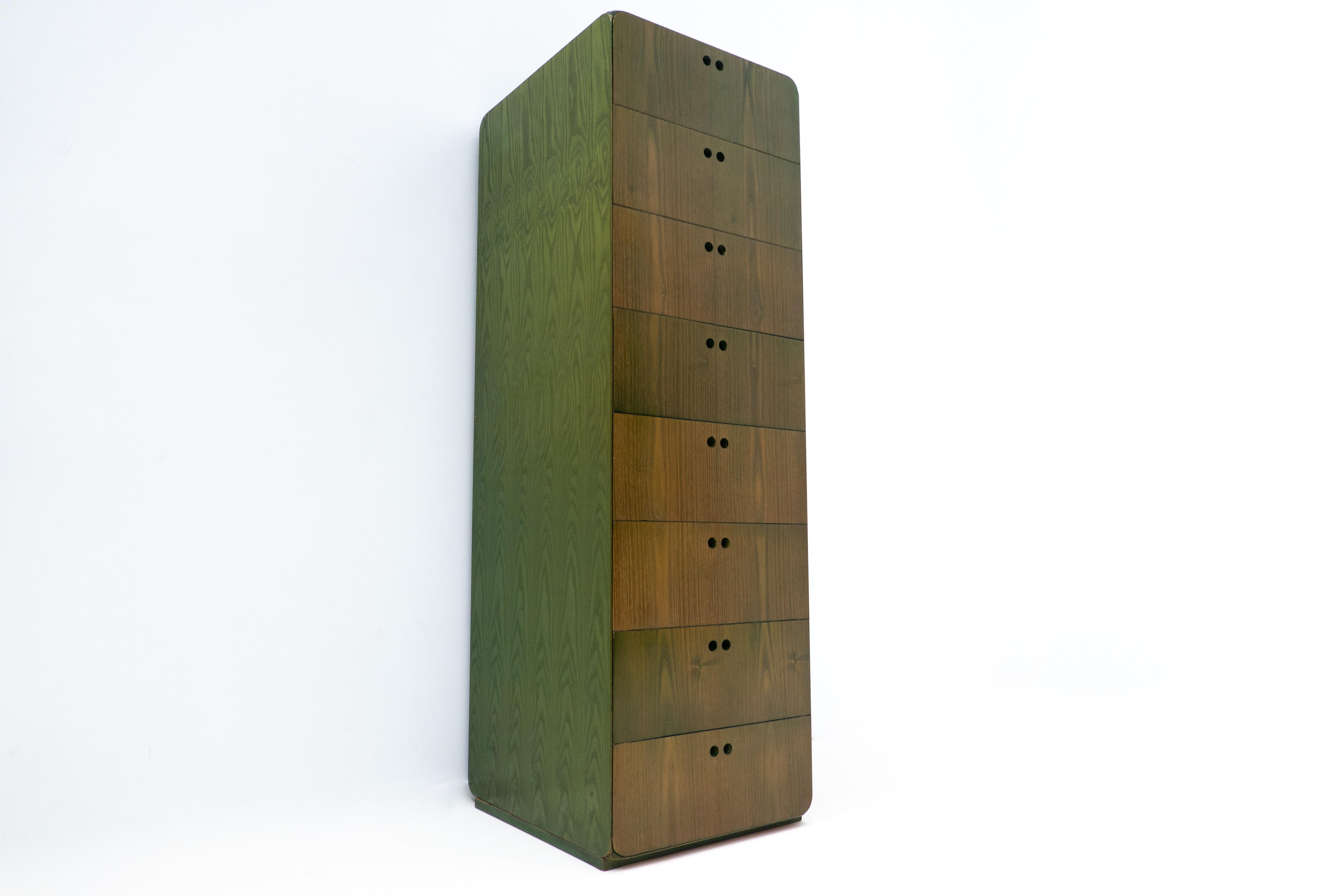 Mid-Century Green Wooden High Chest of Drawer by Derk Jan de Vries In Good Condition For Sale In Brussels, BE