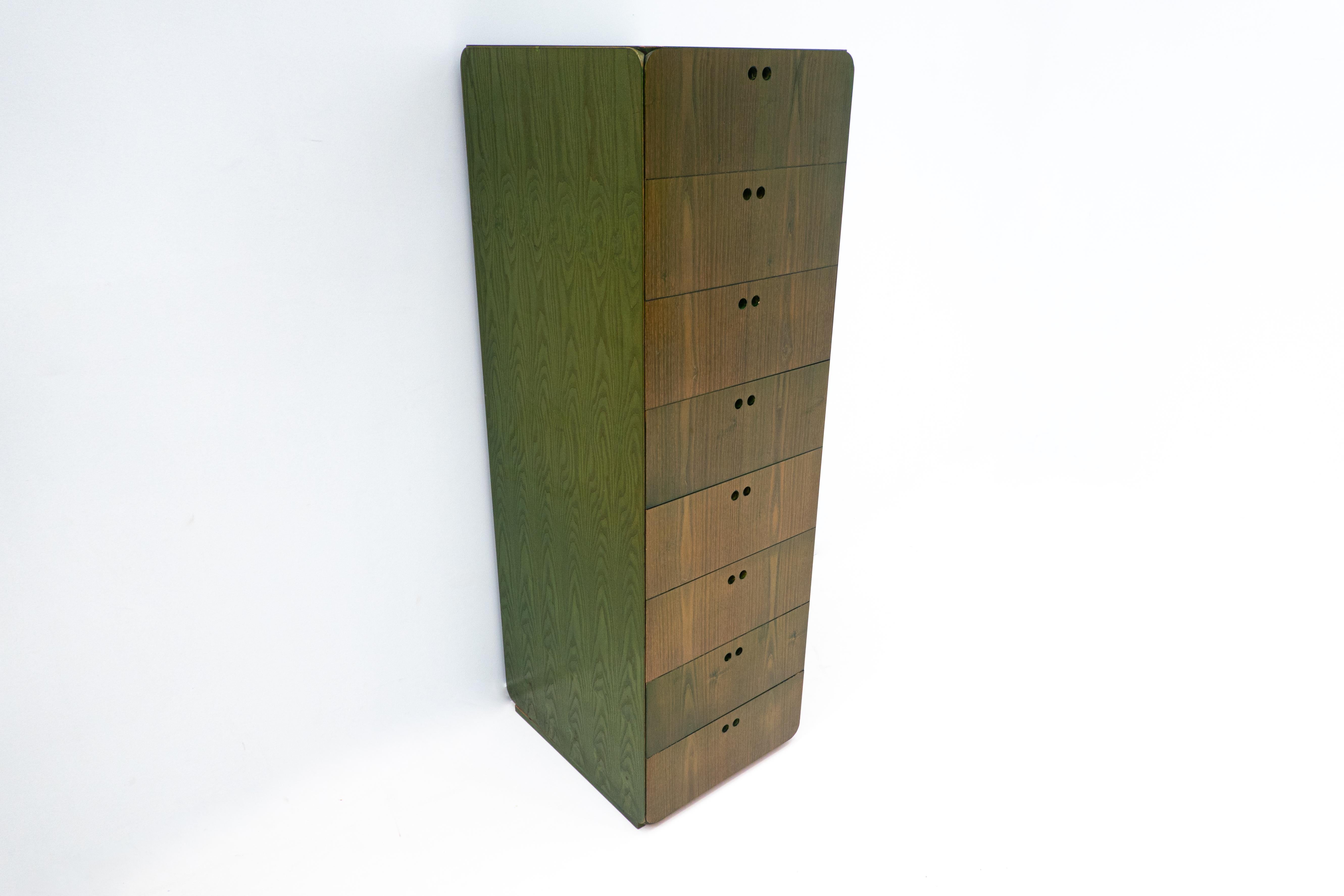 Mid-20th Century Mid-Century Green Wooden High Chest of Drawer by Derk Jan de Vries For Sale