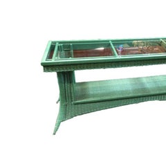Restored Mid Century Green Woven Wicker TV Stand/Console Table w/ Glass Top