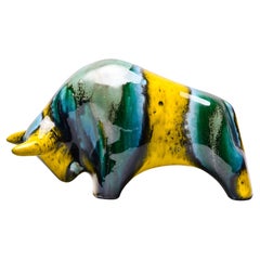 Midcentury Green Yellow and Blue Ceramic Bull