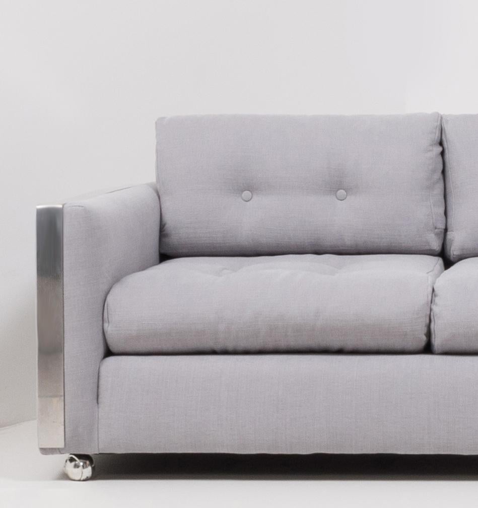 Fabric Mid Century Grey and Chrome Frame Three-Seat Sofa in the Style of Milo Baughman