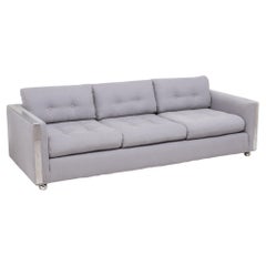 Mid Century Grey and Chrome Frame Three-Seat Sofa in the Style of Milo Baughman