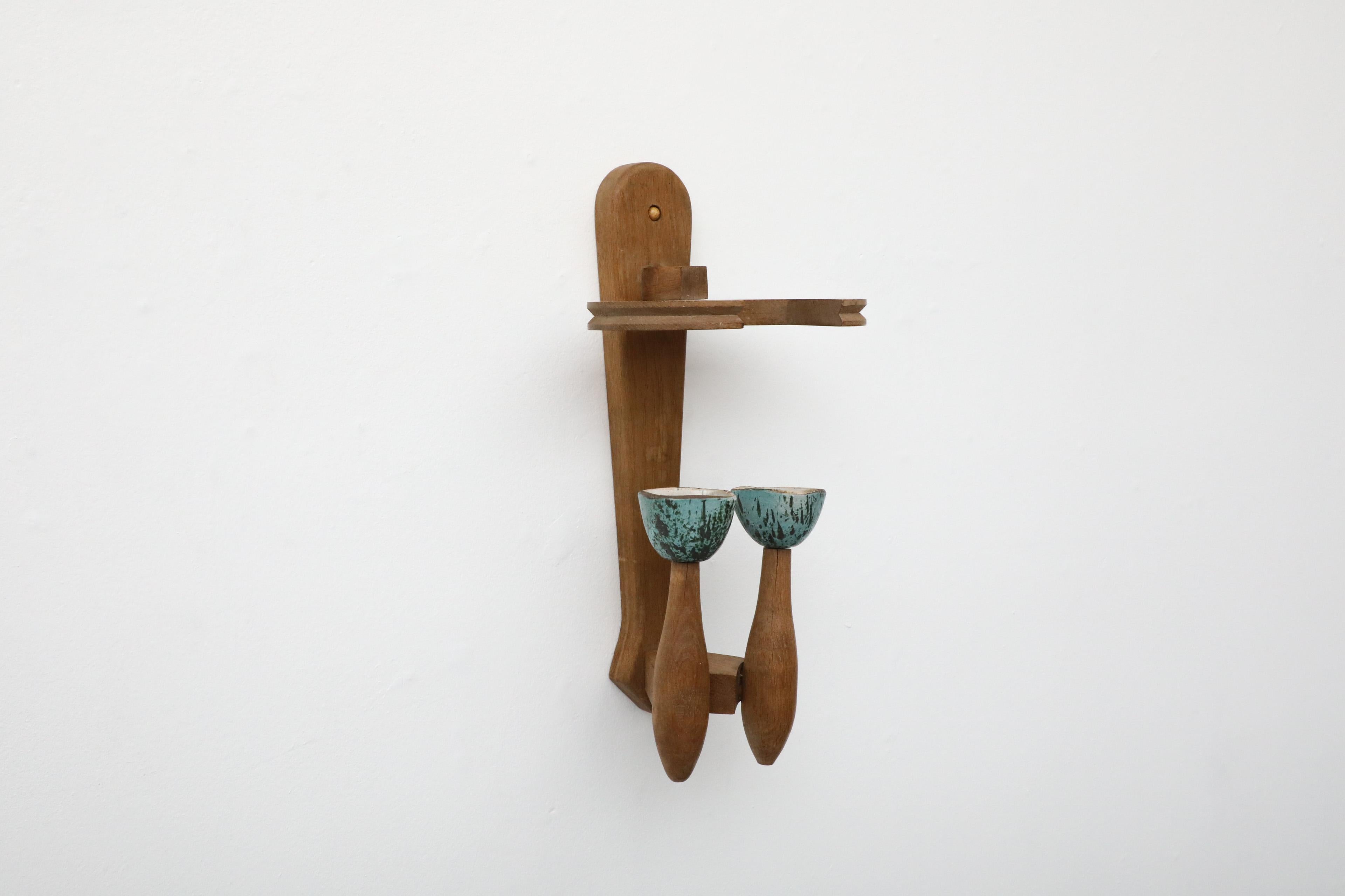 French Mid-Century Guillerme et Chambron Oak and Ceramic Wall Sconce in Oak and Ceramic For Sale