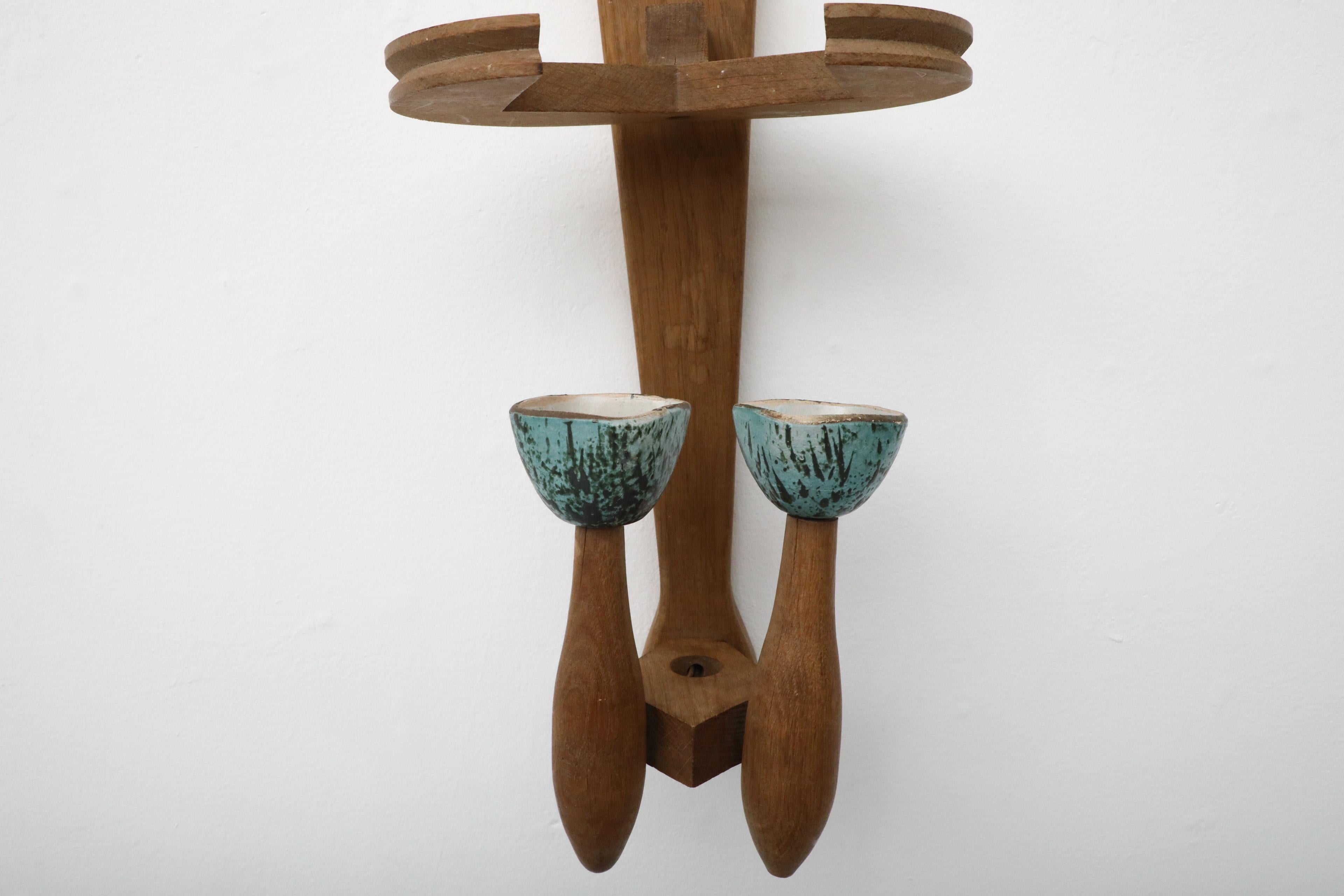 Mid-20th Century Mid-Century Guillerme et Chambron Oak and Ceramic Wall Sconce in Oak and Ceramic For Sale