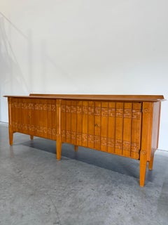 Mid Century Guillerme Et Chambron Style Brutalist Carved Oak Sideboard