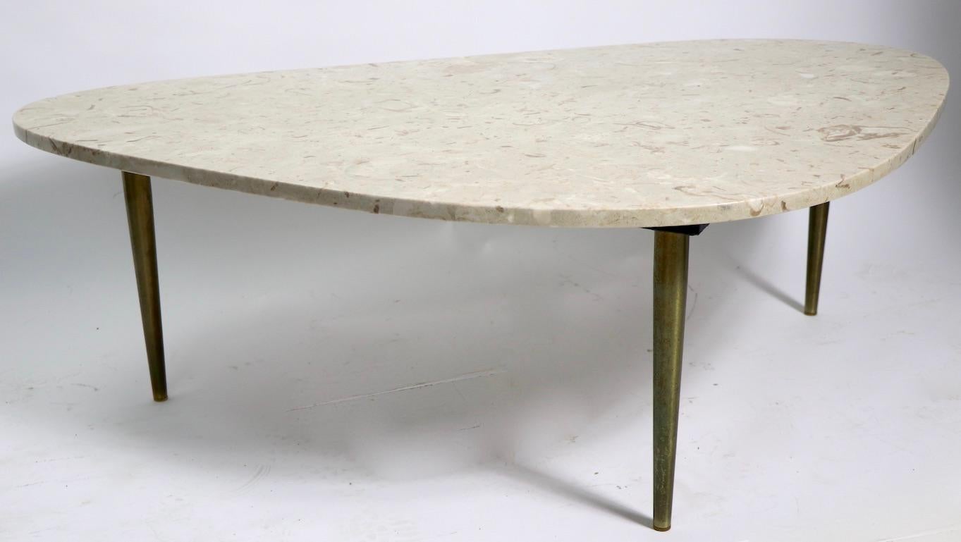 Mid Century Guitar Pick Marble-Top Coffee Table on Brass Legs 1