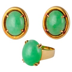 Midcentury Gumps Jade 18k Yellow Gold Earrings and Ring Set