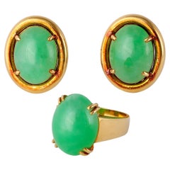 Mid Century Gumps Jade 18k Gelbgold Ohrringe und Ring Set