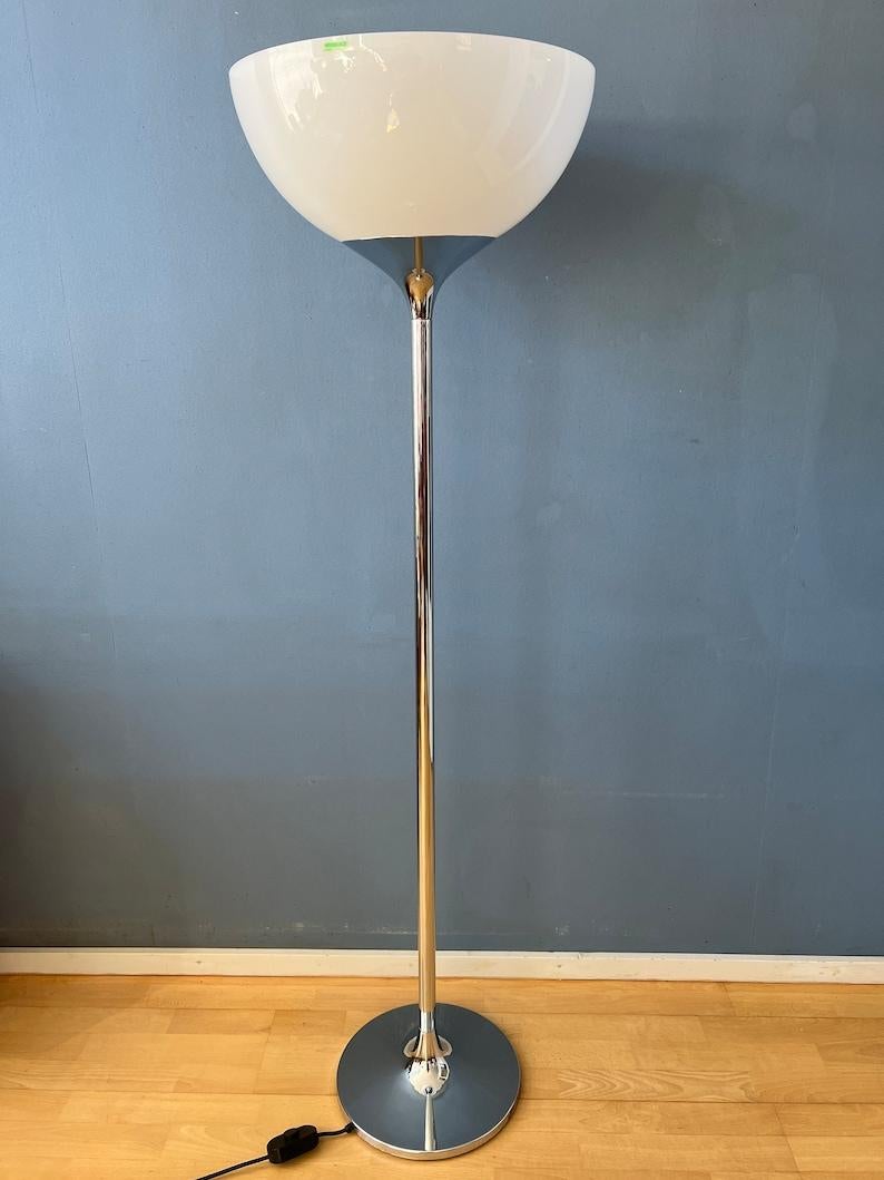 Metal Mid Century Guzzini Space Age Floor Lamp with White Acrylic Shade, 1970s For Sale